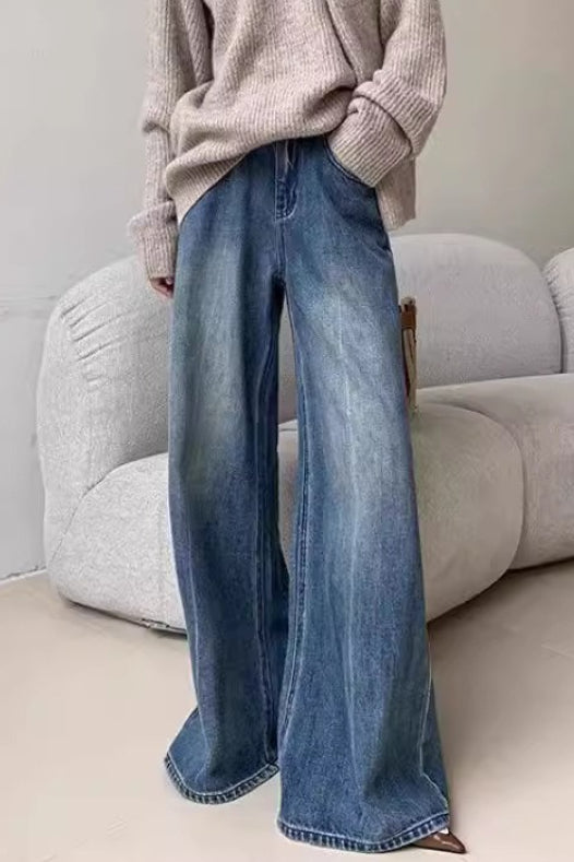 Blue Washed Casual High Waist Relaxed Long Jeans