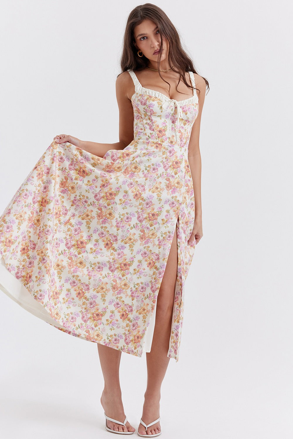 Strap Slit Fit Flare Floral Dress