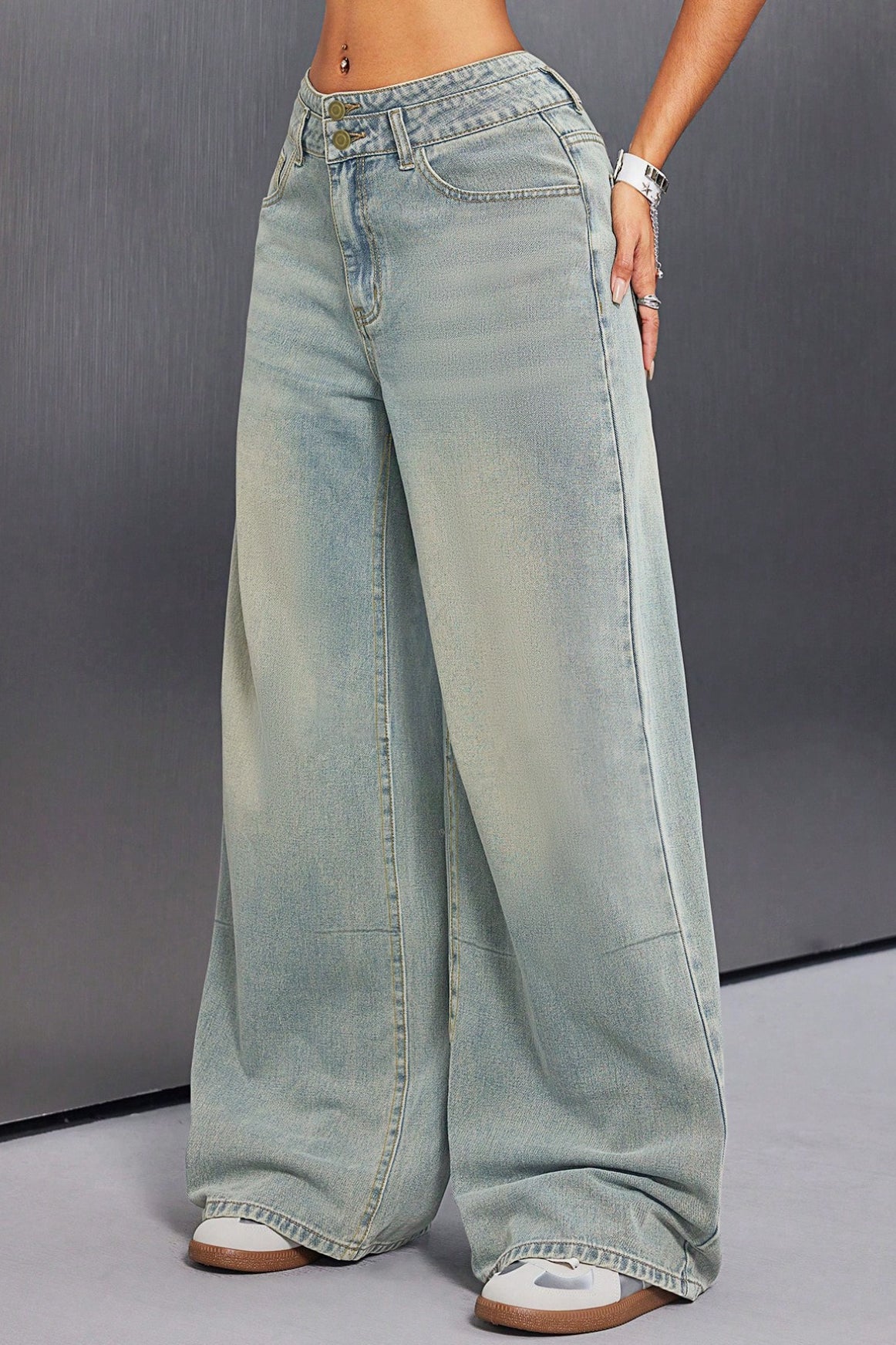 Button Front Vintage Wide Jeans