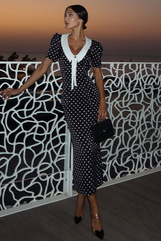 Black Polka Dot V-Neck Puff Sleeve Bodycon Maxi With Side Slit Dress 3
