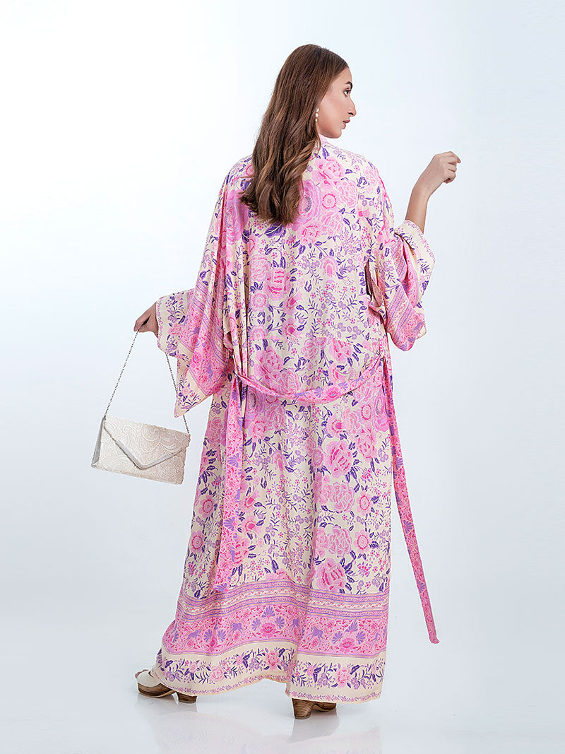 Pink Floral Print Border Trim Wide Sleeve Long Kimono