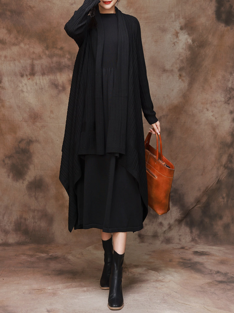 Open Front Long Sleeve Ribbed Knit Draped Long Cardigan