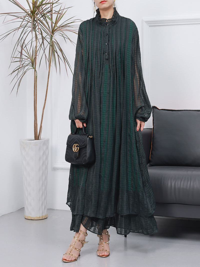 Stand Collar Balloon Sleeve Pleated Chiffon Tiered Maxi Dress