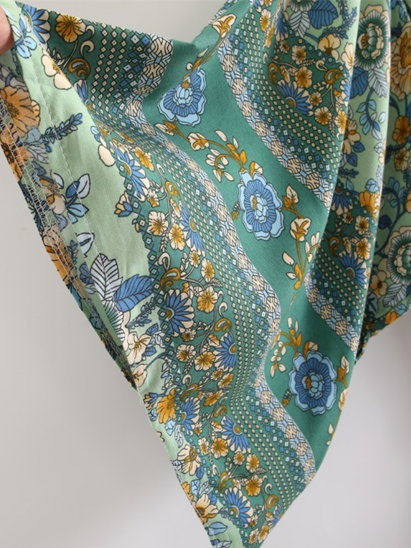Green Floral Print Bohemian Wide Sleeve Belted Long Kimono