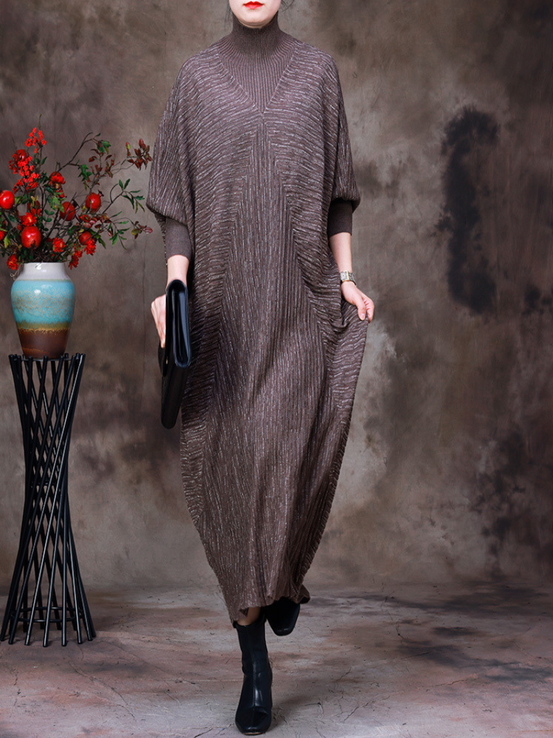 Mock Neck Batwing Sleeve Knitted Loose Cocoon Maxi Dress 4