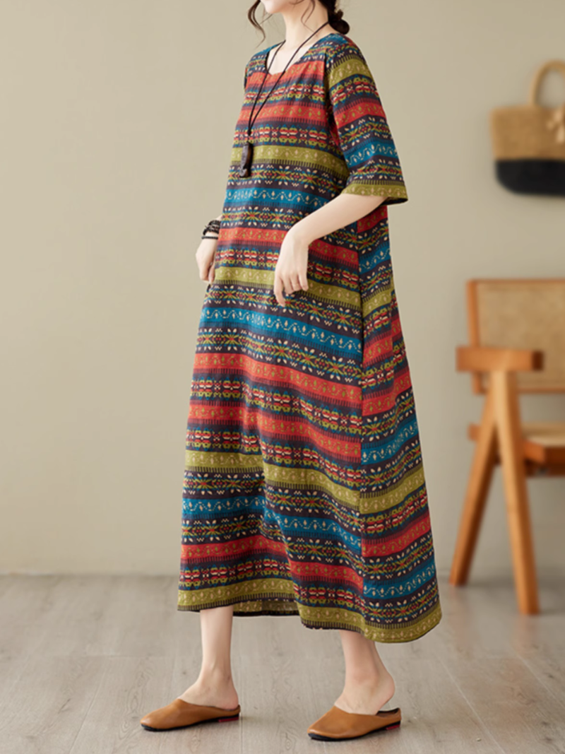Round Neck Short Sleeve Ethnic Striped Loose A-Line Midi Dress
