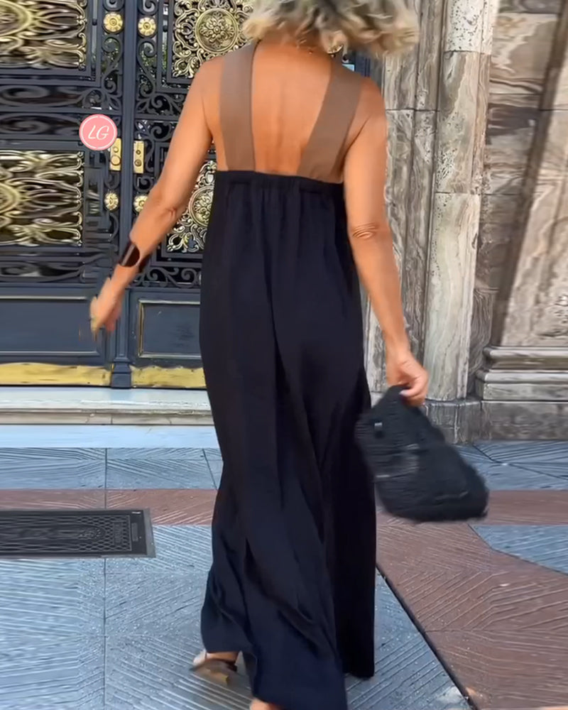 Cross Front Halter Neck Colorblock Sleeveless A-Line Maxi Dress