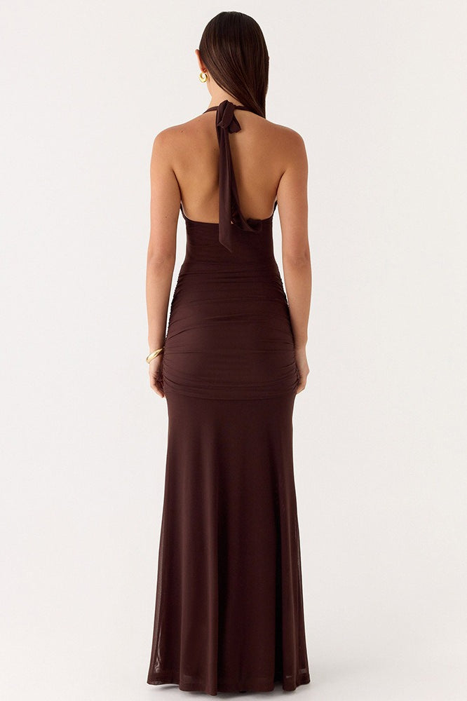 Deep V Halter Backless Sash Bodycon Party Dress