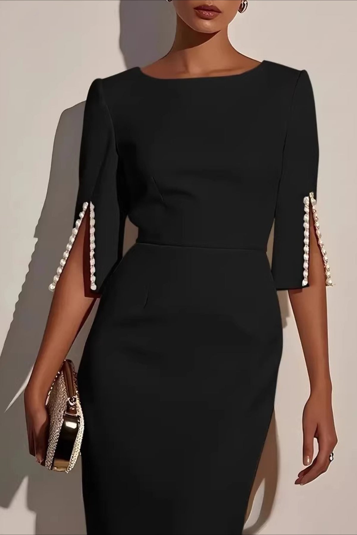 Sleek Beaded Solid Elegant Work Dress