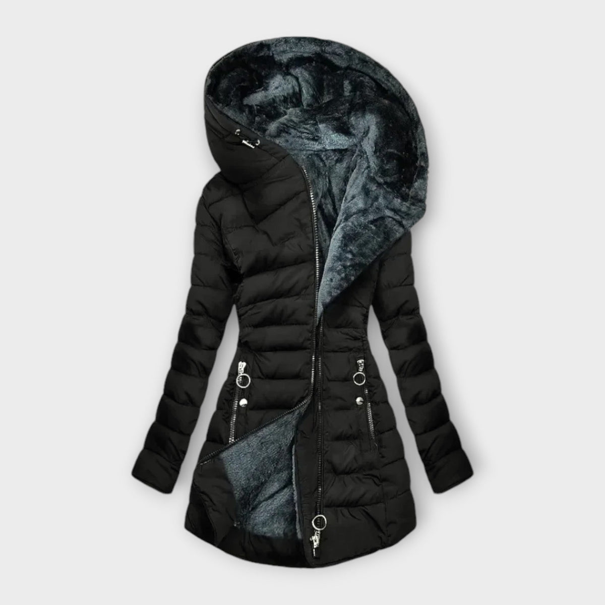 Hooded Fleece-Lined Quilted Zip-Up Puffer Coat