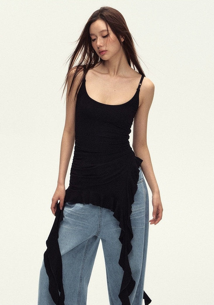 Ruched Asymmetric Black Cami Top