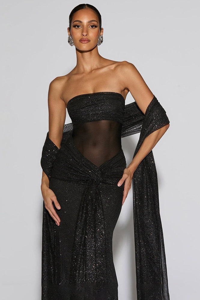Silver-Foil Strapless Slim-Fit Party Dress
