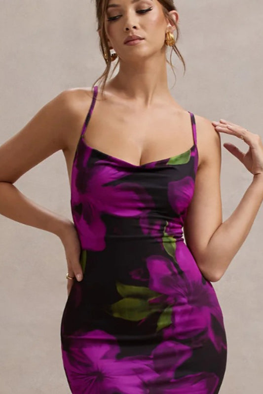 Purple Criss Cross Back Open Back Floral Print Bodycon Maxi Dress 5
