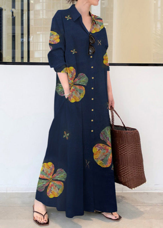Vintage Floral Printed Lapel Oversize Maxi Dress