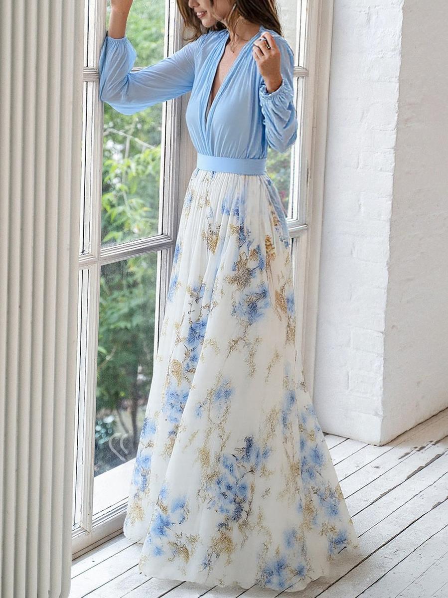 Light Blue Deep V-Neck Pleated Bishop Sleeve Floral Chiffon Maxi Gown