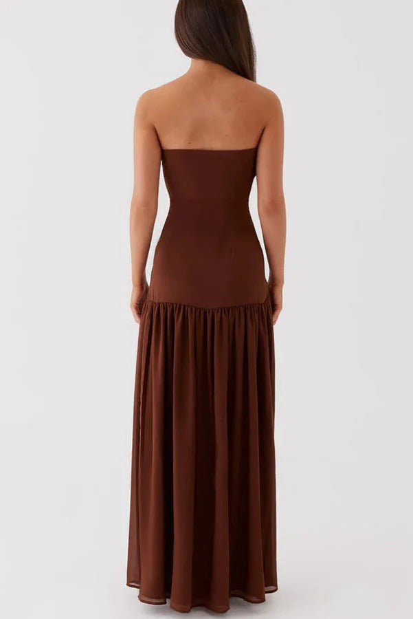 Lizzy Exclusive Strapless Semi Sheer Patchwork Chiffon Maxi Dress Statement Occasion Edit