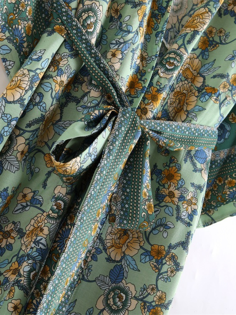 Green Floral Print Bohemian Wide Sleeve Belted Long Kimono