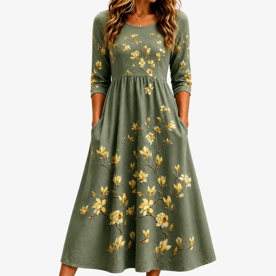 Scoop Neck Magnolia Floral Print Three-Quarter Sleeve A-Line Midi Dress