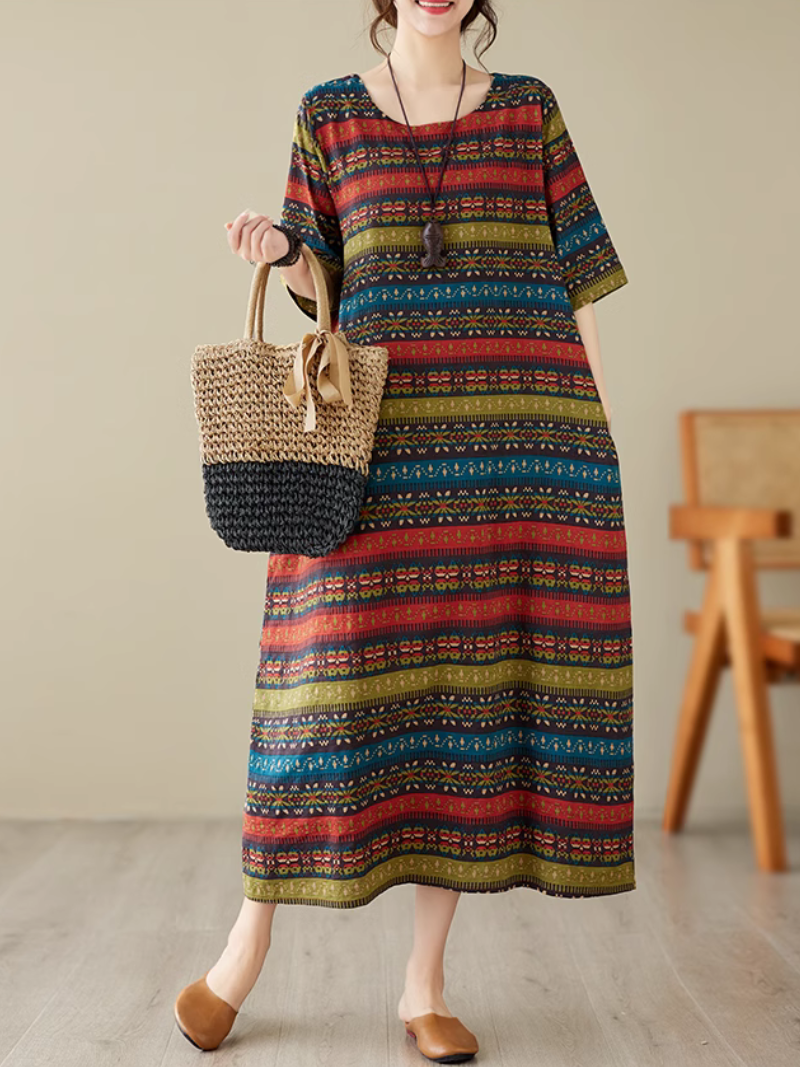 Round Neck Short Sleeve Ethnic Striped Loose A-Line Midi Dress