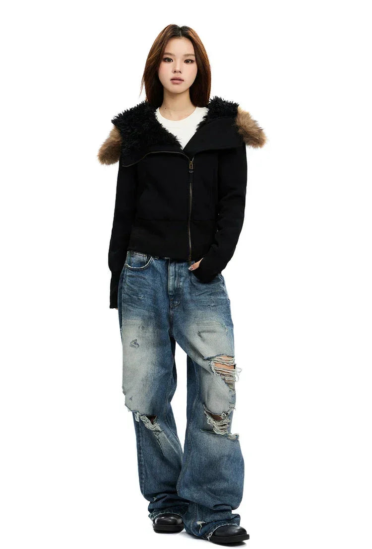 Fleece-Lined Hooded Fur-Collar Zip Short Jacket