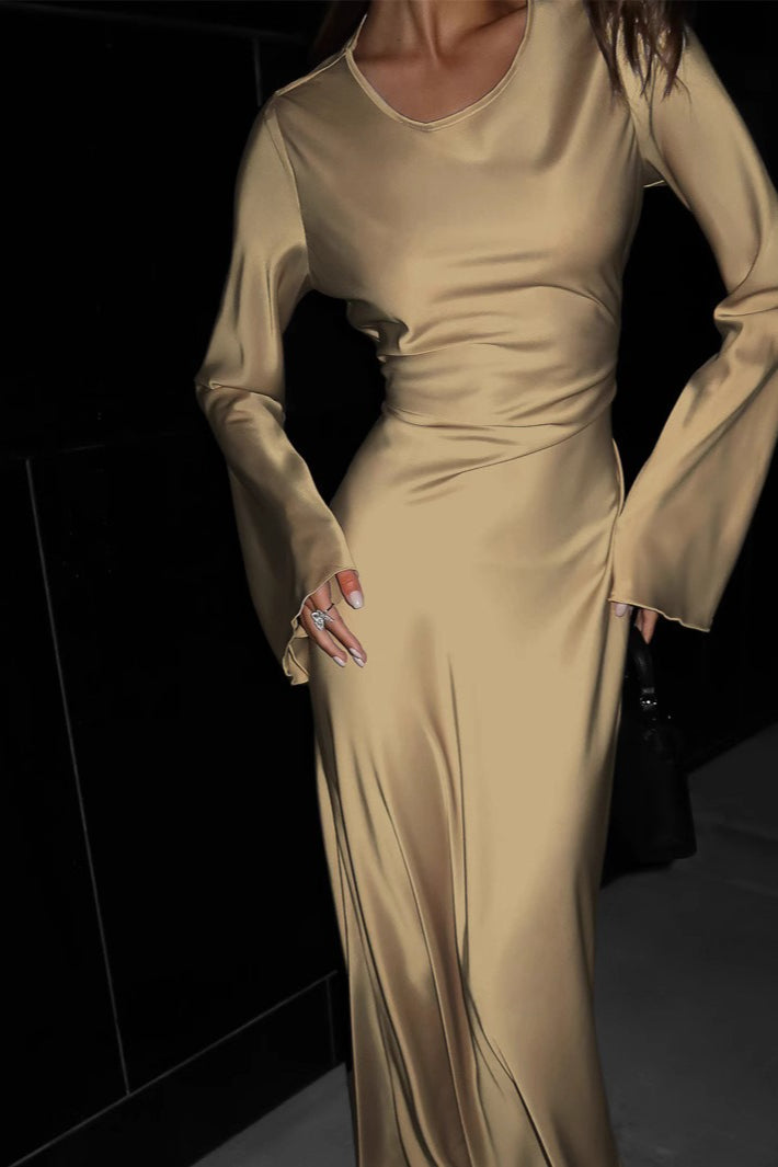 Round Neck Long Sleeve TieWaist Silk Dress