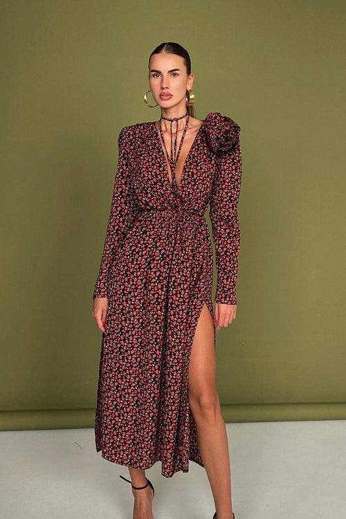 Deep V Neck Long Sleeve 3D Flower Applique High Slit Maxi Dress 3