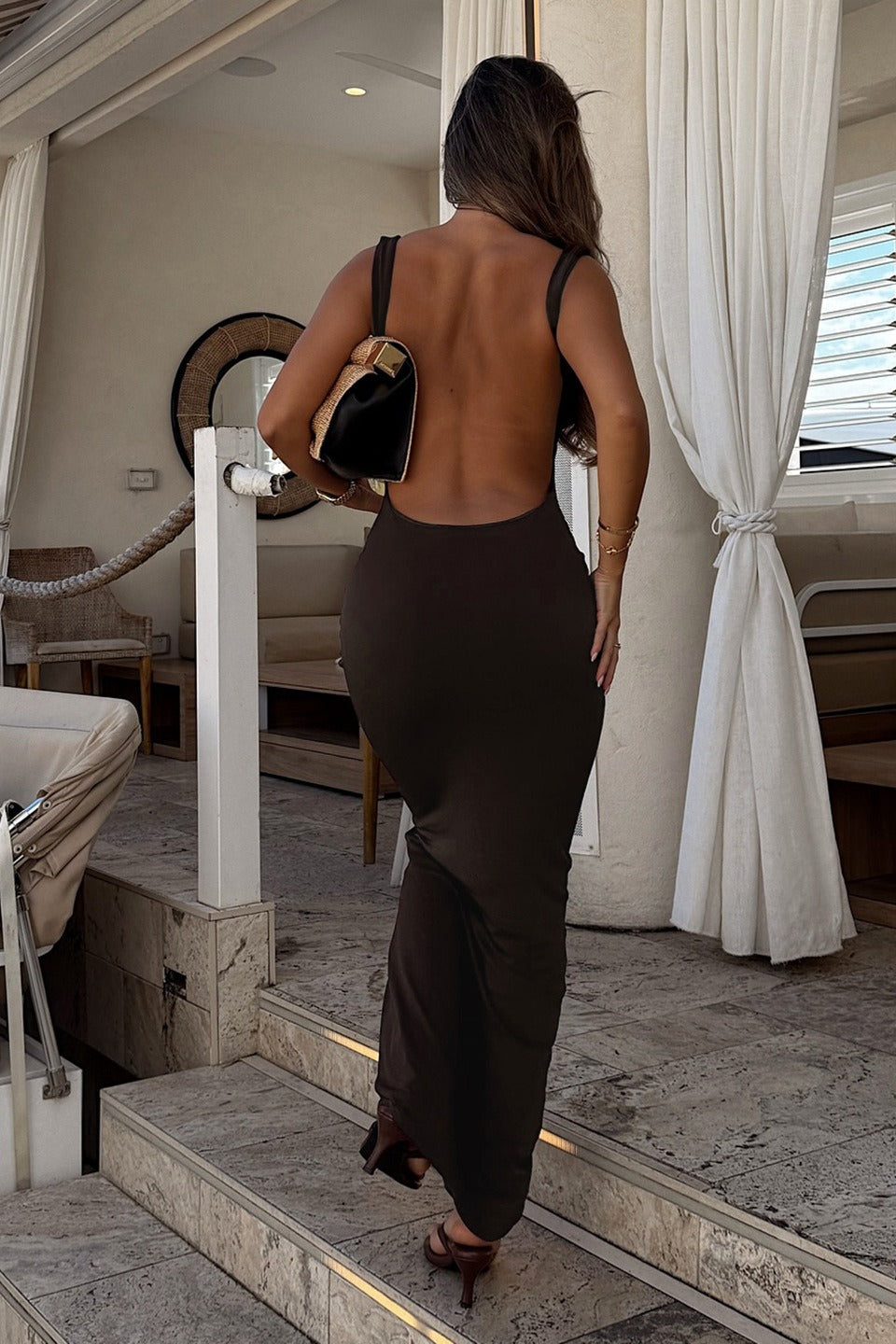 Deep Open Back Solid Basic Bodycon Slip Dress