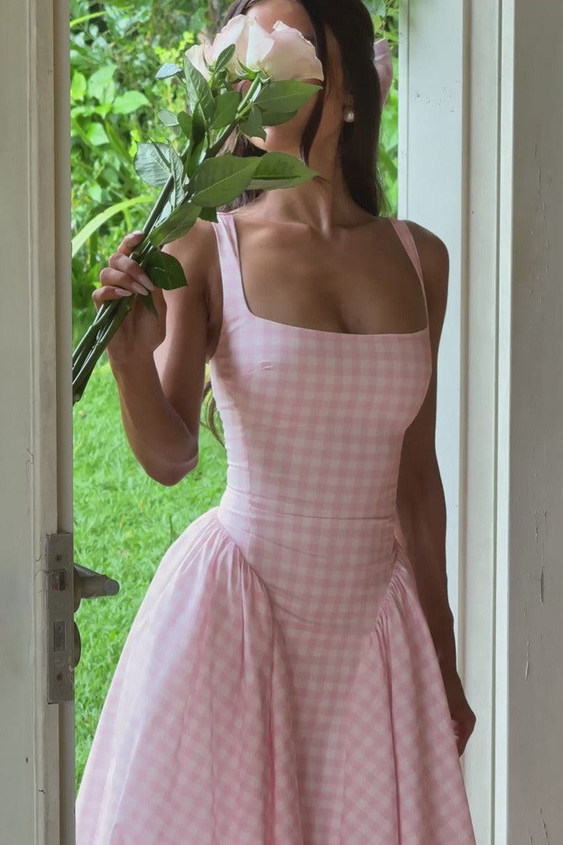 Plaid Printed Ruched Backless Spaghetti Strap Prom Dress