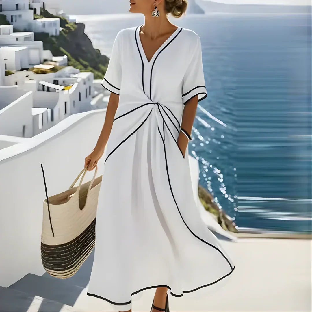 V-Neck Contrast Trim Twist Front Short Sleeve A-Line Maxi Dress