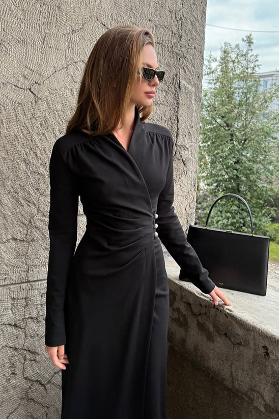 Pleated V Neck Long Sleeve Maxi Dress