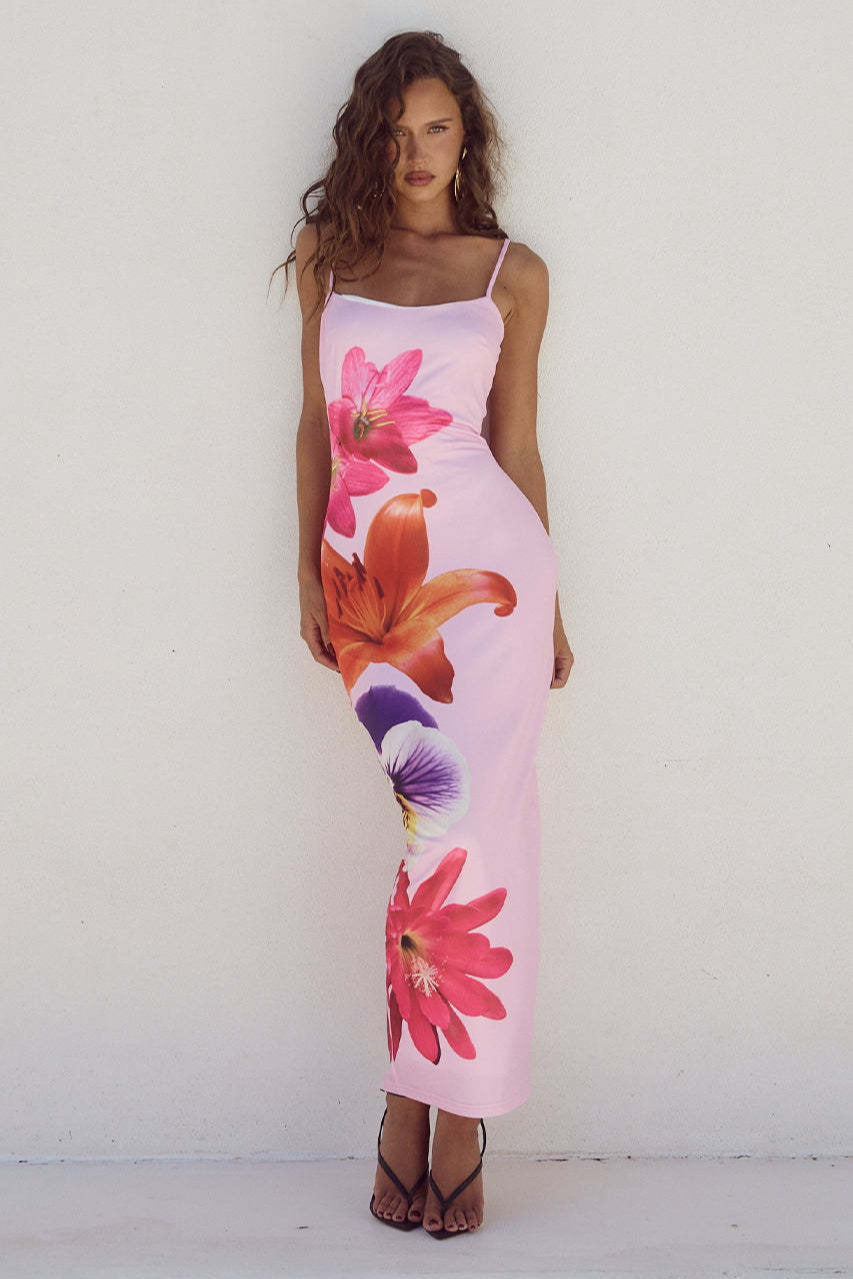 Square Neck Spaghetti Strap Oversized Lily Floral Placement Print Bodycon Maxi Dress 6