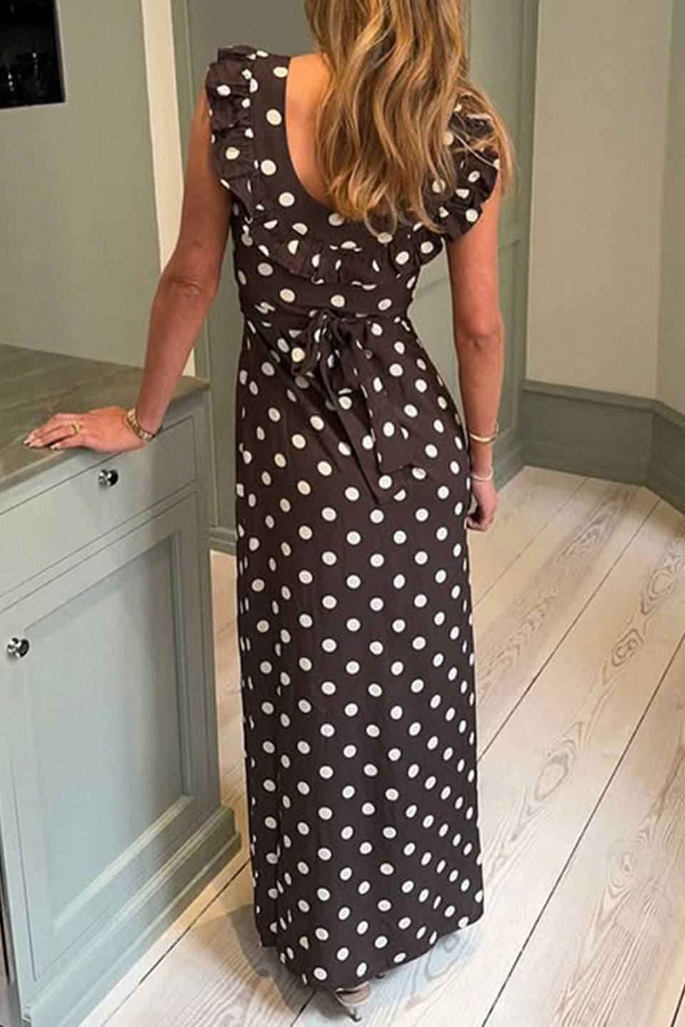 Brown Polka Dot U-Neck Ruffled Bodycon Maxi Dress 4