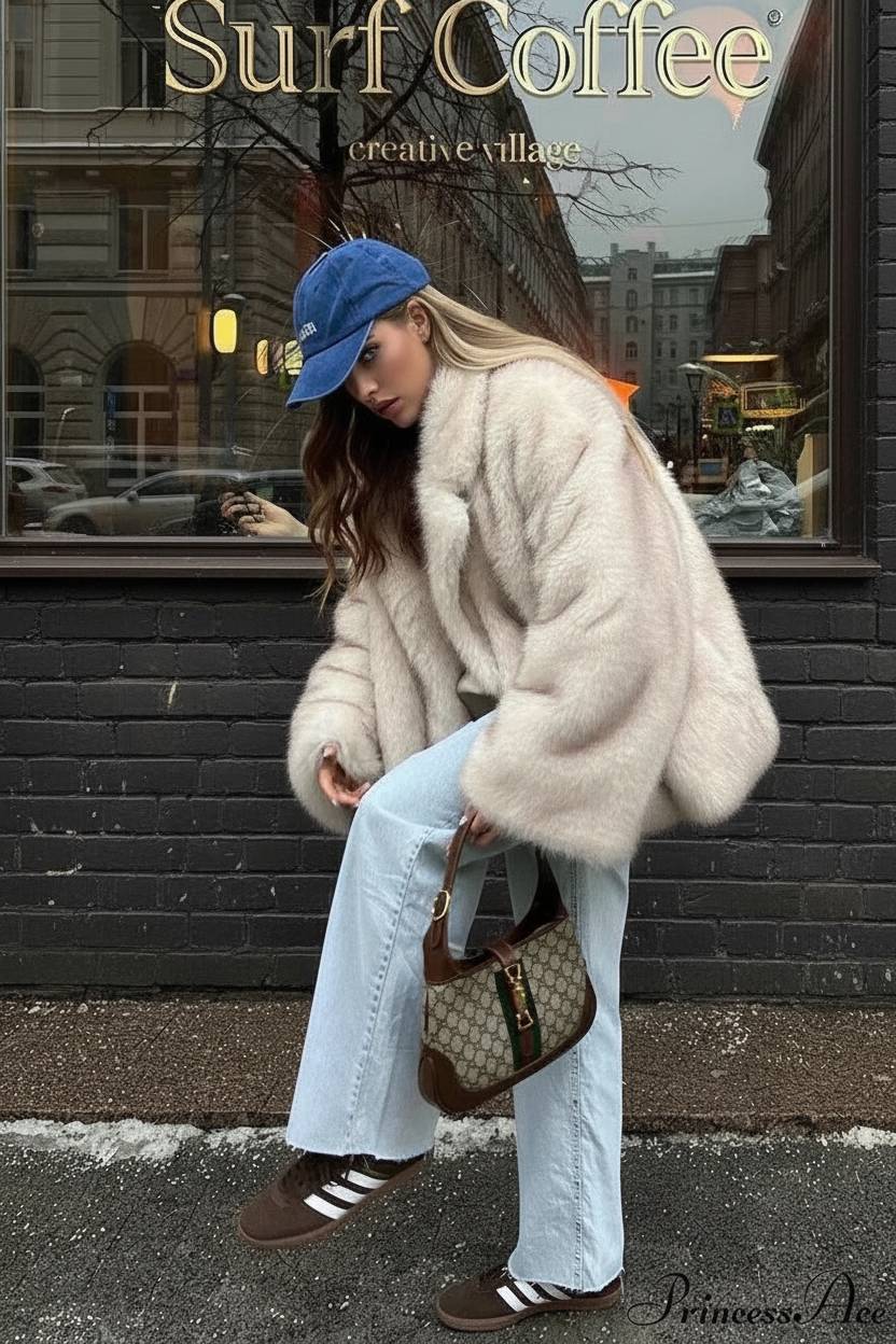 White TipDyed Faux Fox Fur MidLength Coat