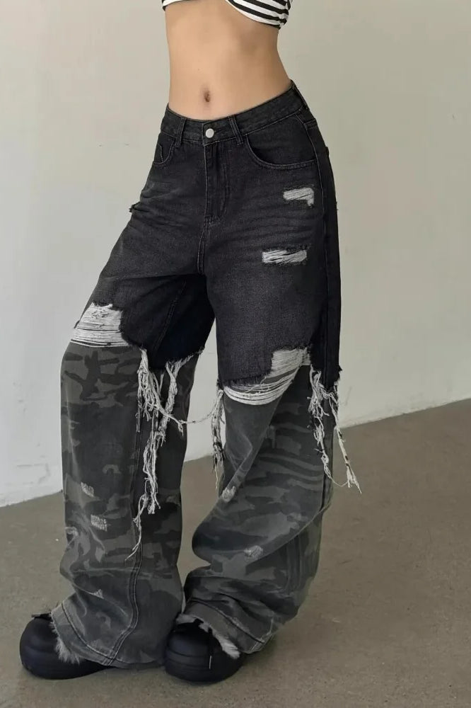Camouflage Patchwork Baggy WideLeg Jeans