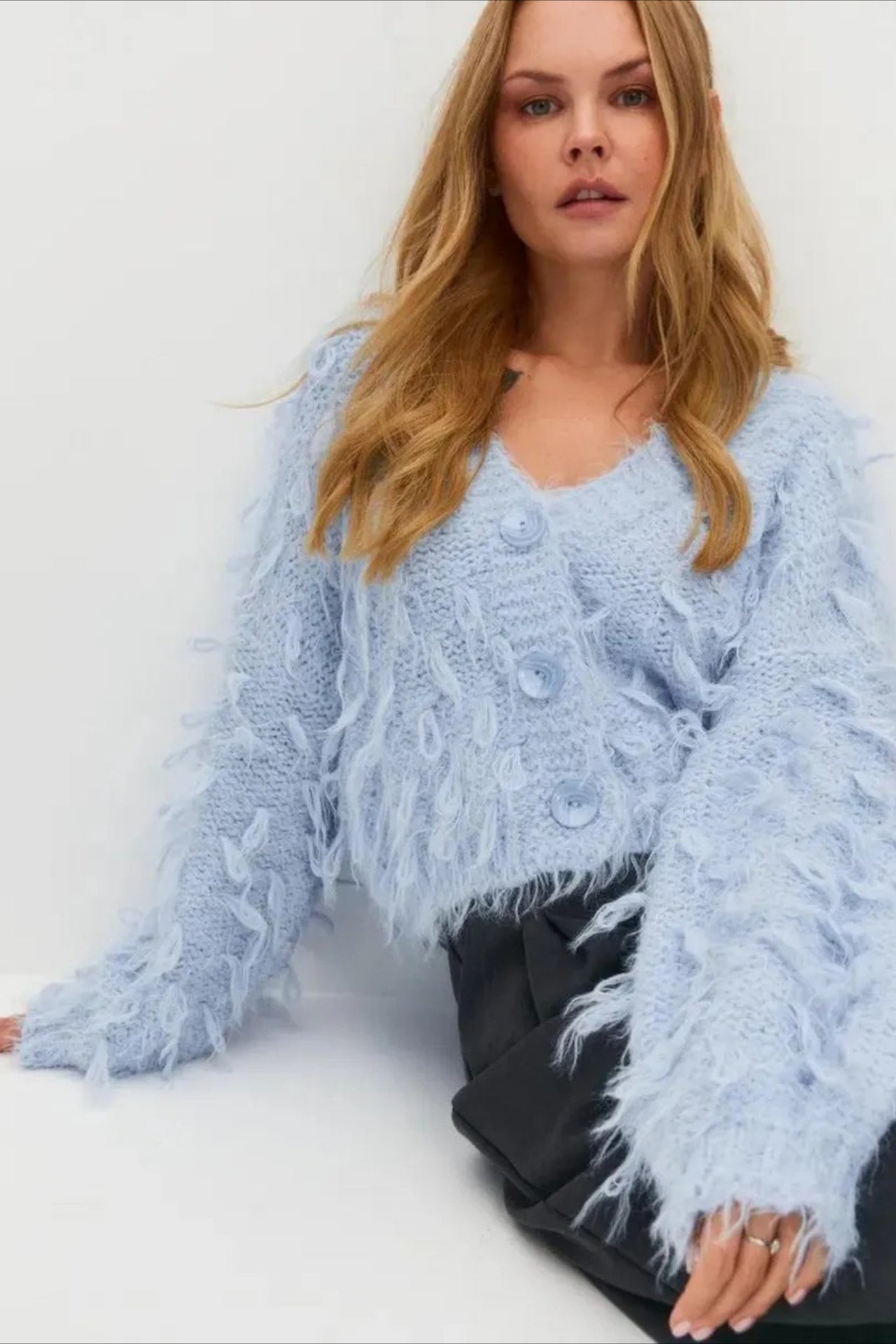 V Neck Fringe Short Loose Slouchy Knit Cardigan