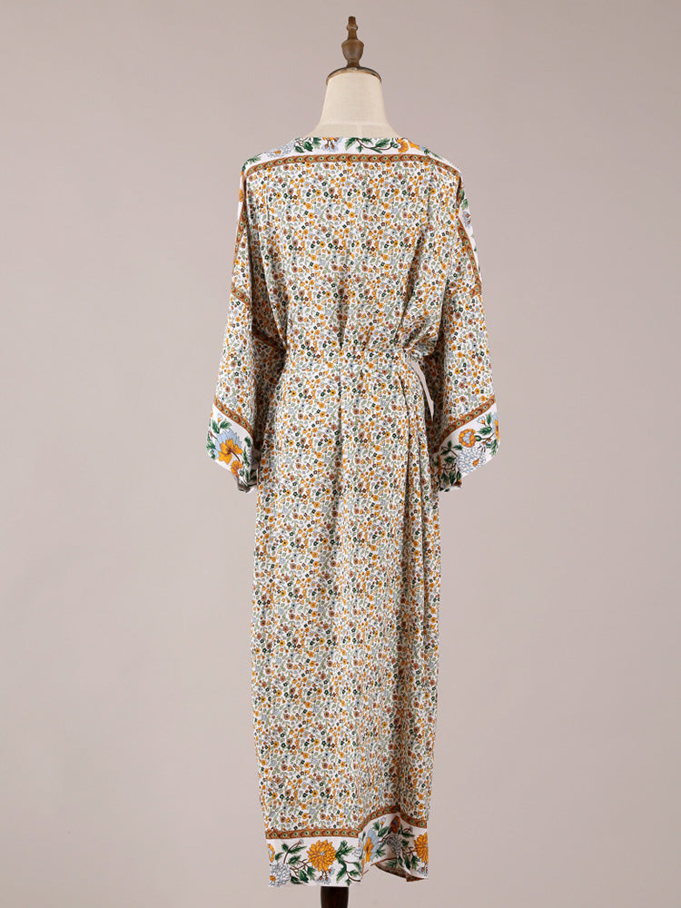 Floral Print Tie Waist Open Front Kimono Maxi Robe
