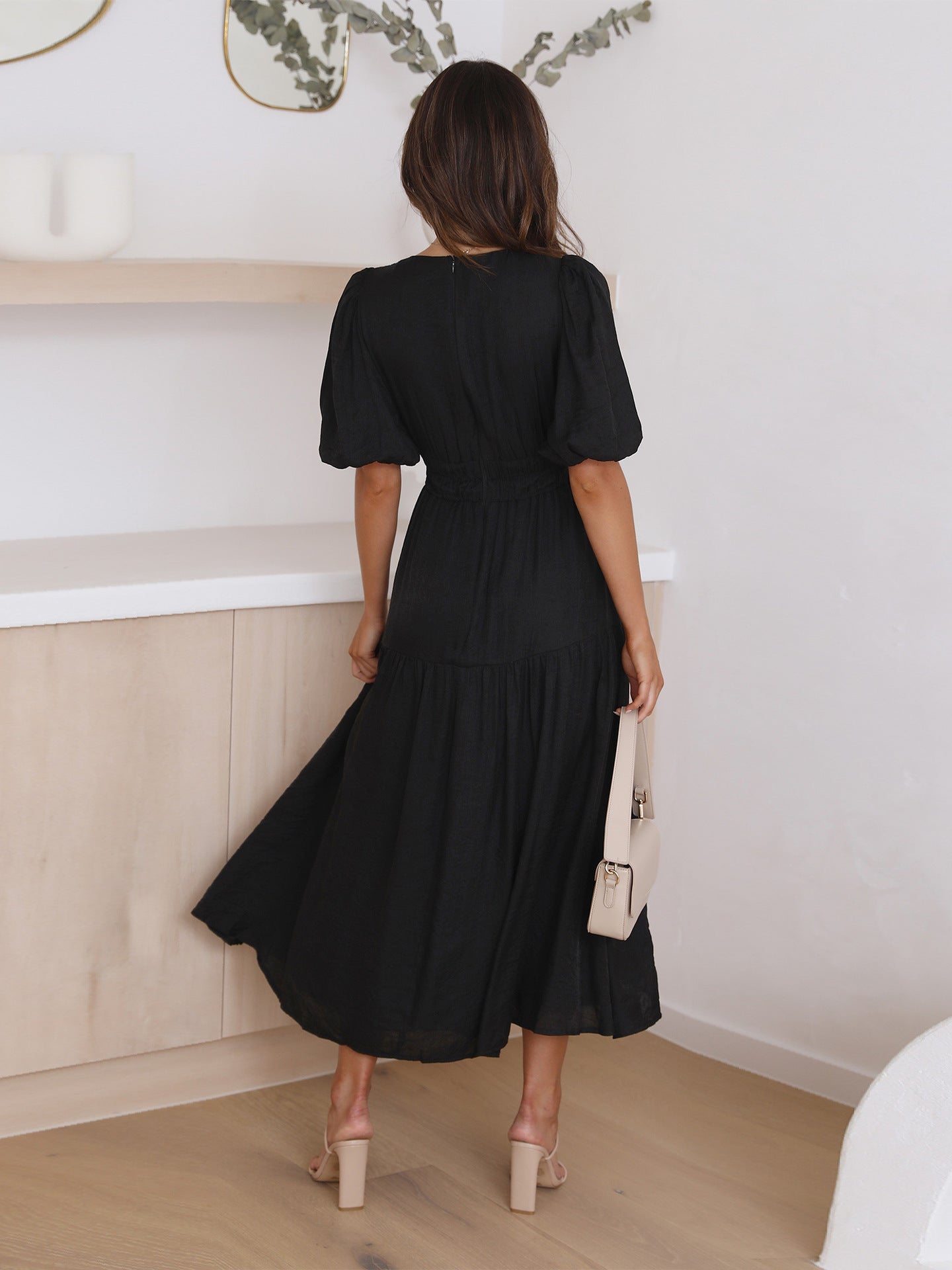 Eulalia Exclusive V Neck Dress with Puff Sleeves Chic Silhouette Collection