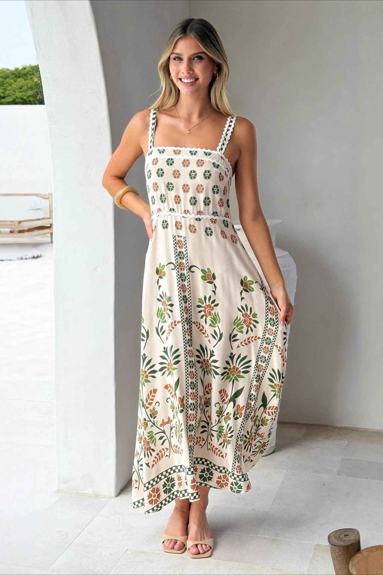 Square Neck Lace Trim Empire Waist Geometric Floral Border Maxi Dress 12