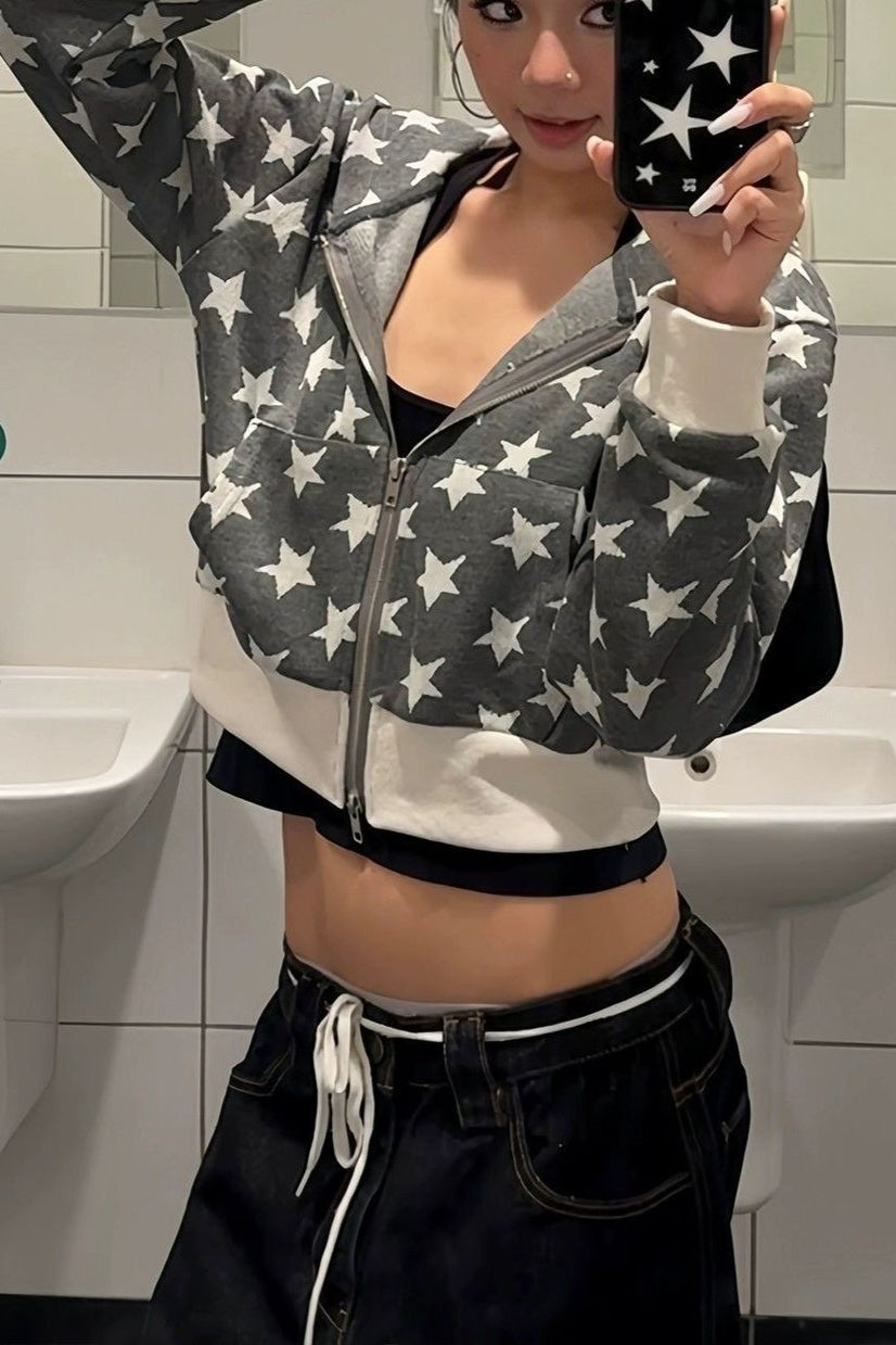 Retro Star Print Short Hoodie