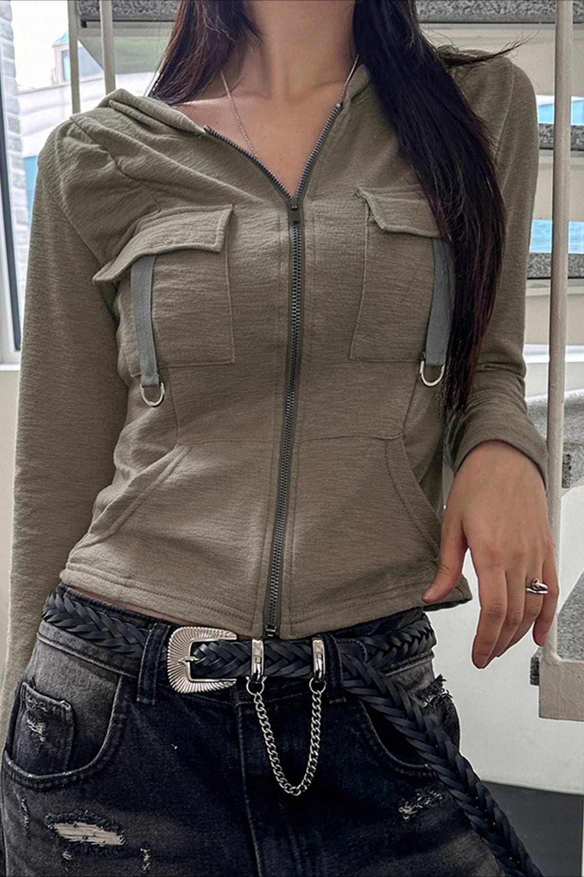 Cargo Pocket Panel Zip-Up Cropped Hoodie