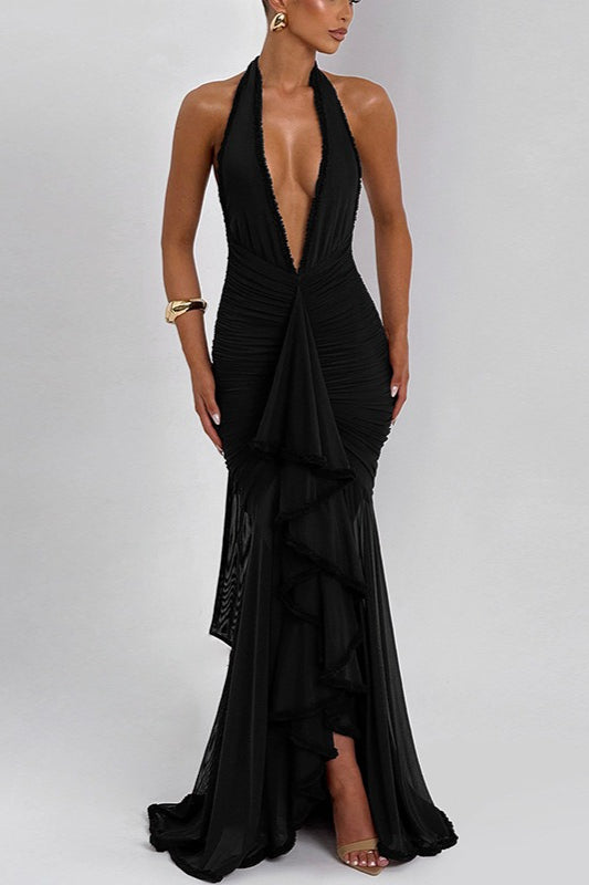 Mesh Panel Halter V Neck Backless Elegant Party Dress