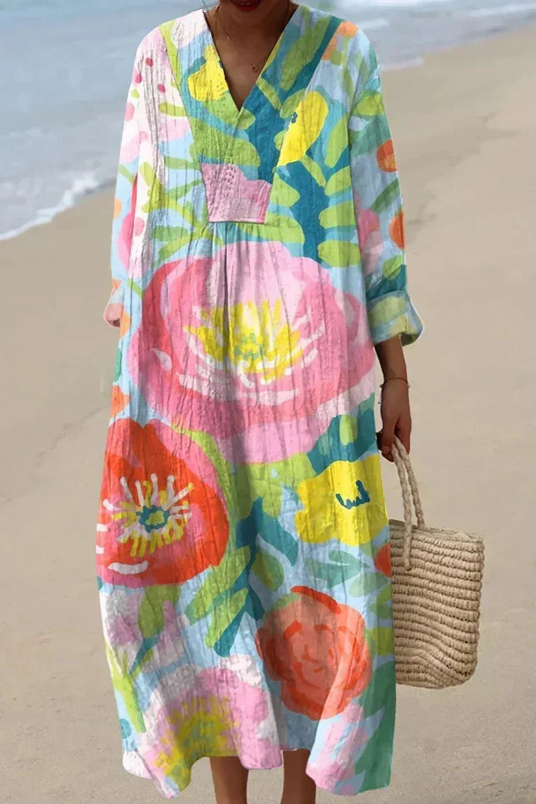 V-Neck Abstract Floral Print Long Sleeve Pleated Loose Maxi Dress
