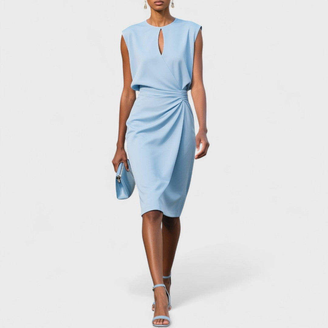 Keyhole Neck Sleeveless Ruched Twist Waist Tulip Midi Dress