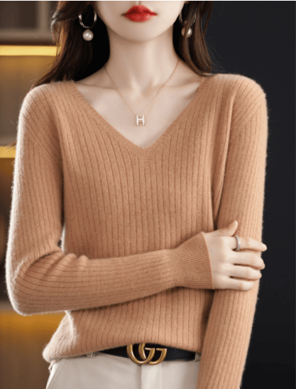 V-Neck Pullover Long Sleeve Solid Color Cashmere Sweater