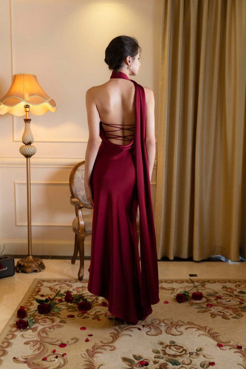 Satin Halter LowBack Party Dress