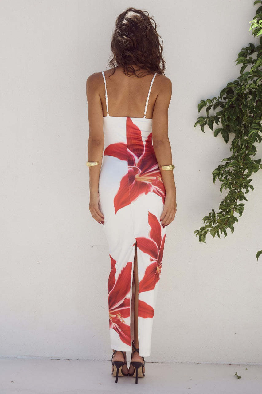 Square Neck Spaghetti Strap Oversized Lily Floral Placement Print Bodycon Maxi Dress 2