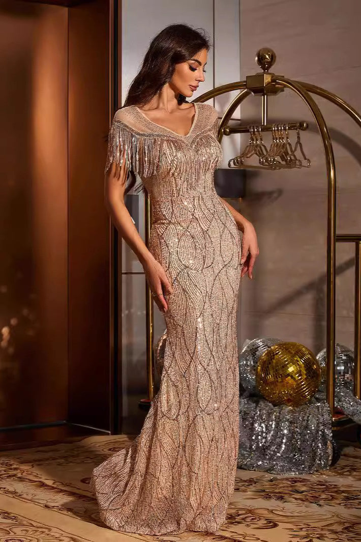 Champagne Tassel Sequin Elegant Party Dress
