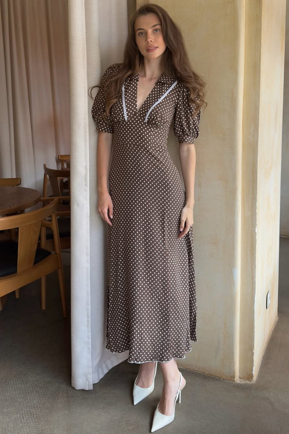 Brown Polka Dot V-Neck Puff Sleeve Bodycon Maxi Dress 4