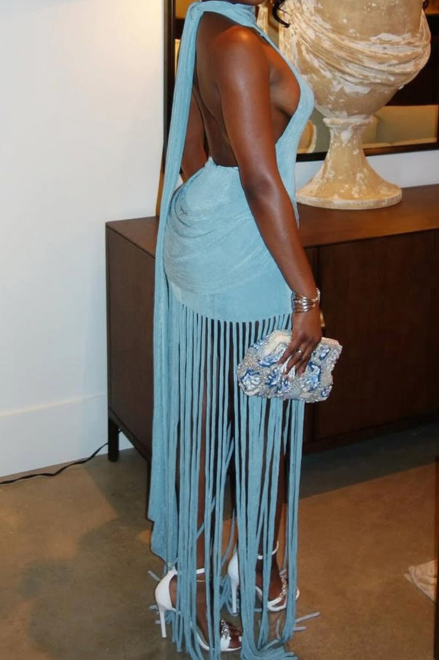 Halter Neck Draped Fringe Hem Maxi Dress 4