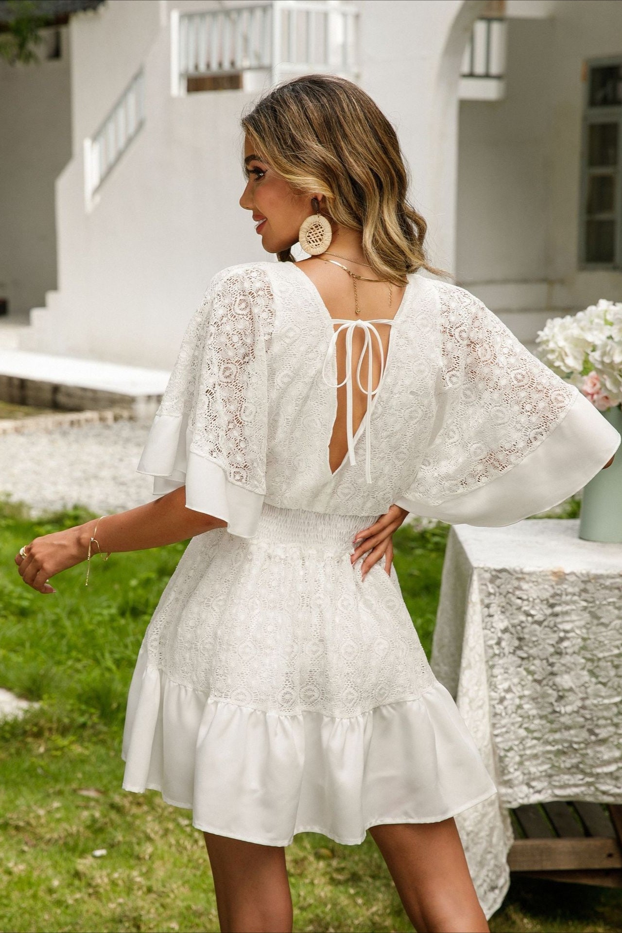 Deep V Neck Smocked Waist Lace Flutter Sleeve Button Front Tiered Mini Dress 2